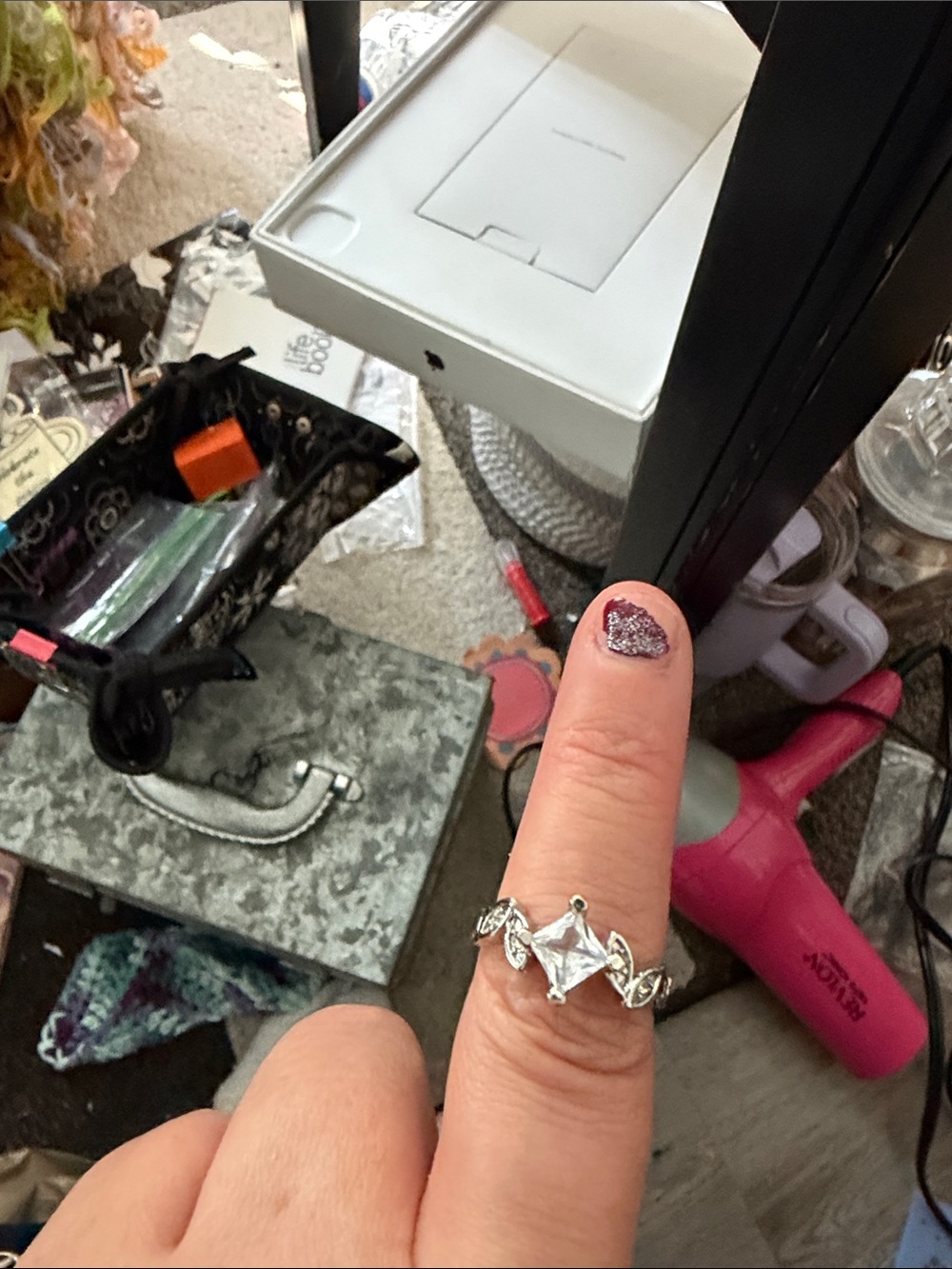 Unbranded Silver-Tone Square CZ Ring - Pink Accent